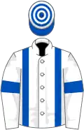 White, royal blue braces and armlets, hooped cap