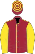 Maroon, yellow seams and sleeves, hooped cap