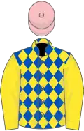 ROYAL BLUE and YELLOW DIAMONDS, yellow sleeves, pink cap