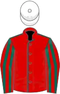 Red, dark green seams, striped sleeves, white cap