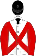 White, red cross-belts and sleeves, black cap