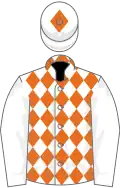 White and orange diamonds, white sleeves, white cap, orange diamond