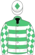 Emerald green, white hoops, white sleeves, emerald green diamonds, white cap, emerald green diamond