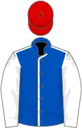 Royal blue, white seams and sleeves, red cap