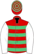 Red and emerald green hoops, white sleeves, red and emerald green hooped cap