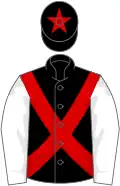 Black, red cross belts, white sleeves, black cap, red star
