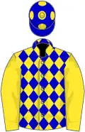 Blue and yellow diamonds, yellow sleeves, blue cap, yellow spots