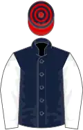 Dark blue, white sleeves, red and blue hooped cap