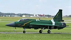 A Pakistan Air Force demo team JF-17 Thunder with an Iranian drone kill mark on the nose which it shot down in 2017.