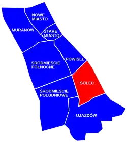 Location of Solec neighborhood (red) in the district of Śródmieście (navy blue)