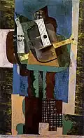 Pablo Picasso, 1916, Guitare, clarinette et bouteille sur une table (Guitar, Clarinet, and Bottle on a Pedestal Table), dimensions and whereabouts unknown