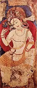 Painting of Maitreya Bodhisattva, Fondukistan, Afghanistan, circa 700 CE. National Museum of Afghanistan.