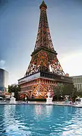 The Eiffel Tower, as seen from the pool area