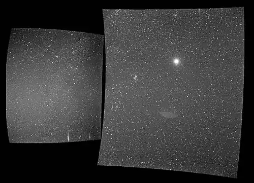 The view from the probe's WISPR instrument on Sept. 25, 2018, shows Earth, the bright sphere near the middle of the right-hand panel. The elongated mark toward the bottom of the panel is a lens reflection from the WISPR instrument[17]
