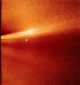 Photo from the WISPR shows a coronal streamer, seen over the east limb of the Sun on Nov. 8, 2018, at 1:12 a.m. EST. The fine structure of the streamer is very clear, with at least two rays visible. Parker Solar Probe was about 16.9 million miles from the Sun's surface when this image was taken. The bright object near the center of the image is Mercury, and the dark spots are a result of background correction.[12]