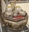 Betel nut preparation kit (tepak sireh) made from wood inlaid with silver, gold, and mother of pearl from Malaysia (early 20th century)