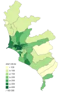 Confirmed deaths for every 100,000 inhabitants in the districts of Lima and Callao