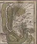 Map of Petrovaradin showcasing pontoon bridges prior to the Hagen Bridge, 5 August 1716