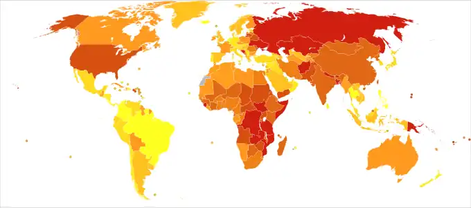Deaths from poisonings per million persons in 2012 &nbsp;&nbsp;0-2 &nbsp;&nbsp;3-5 &nbsp;&nbsp;6-7 &nbsp;&nbsp;8-10 &nbsp;&nbsp;11-12 &nbsp;&nbsp;13-19 &nbsp;&nbsp;20-27 &nbsp;&nbsp;28-41 &nbsp;&nbsp;42-55 &nbsp;&nbsp;56-336