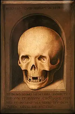 Memento mori. The text says: Scio enim quod redemptor meus vivit et in novissimo diedeterra surrecturus sum et rursum circūdabor pelle mea et incarne mea videbo deū salvaorem meum Job XIX° cap° ("For I know that my redeemer liveth, and that he shall stand at the latter day upon the earth. And though after my skin worms destroy this body, yet in my flesh shall I see God", Book of Job 19, 25-26 (KJV))