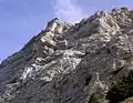Close up on Dent de Crolles and the Poussez Pas Derrière ascent route.