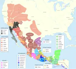 The approximate pre-contact distribution of native language families, with their presence in present-day Mexico and elsewhere