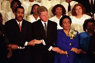 Dexter King, President Bill Clinton, and Coretta Scott King at the church in 1996