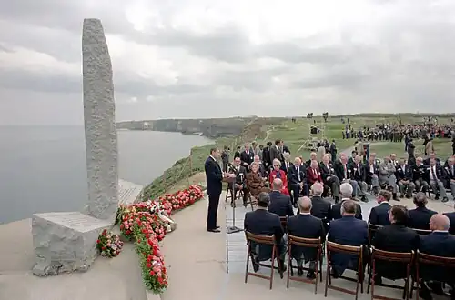 US President Ronald Reagan giving a speech[34] commemorating the 40th anniversary of the event.