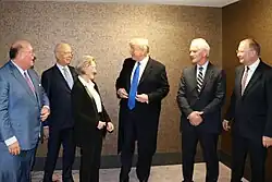 Greeted by U.S. Ambassador McMullen, WEF Executive chairman Klaus Schwab, Hilde Schwab, Davos Mayor Tarzisius Caviezel, WEF managing director Alois Zwinggi (left to right).