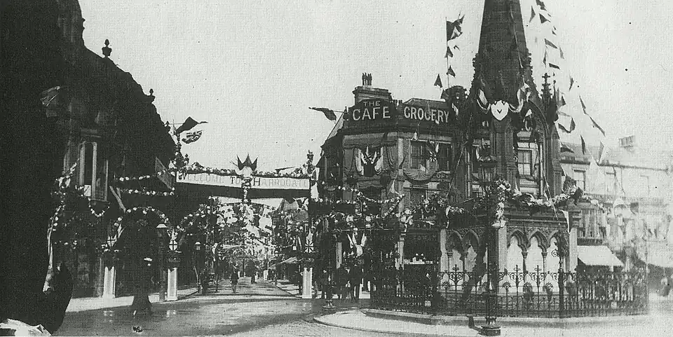 The monument garlanded for Prince Albert Victor's visit, 1889