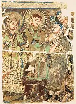 King Tottika of Kucha with his wife Svayaṃprabhā, accompanied by two monks, Maya Cave (group II), Kizil 205