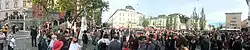 Large crowd with banners