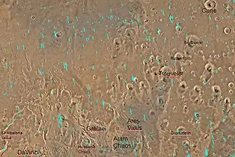 Quadrangle map of Oxia Palus labeled with major features. Aram Chaos is near the bottom of the image.