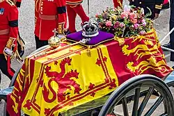 The crown on Elizabeth&nbsp;II's coffin, with the Sovereign's Sceptre and Orb during her state funeral in September 2022