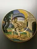 Hercules fighting the hydra, Nicola da Urbino, maiolica, 1525–35, Urbino.