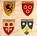 Coats of arms in the entrance hall: Lords of Russikon, of Landenberg, Göldlin and Breny