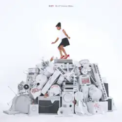 A woman standing on a pile of musical instruments painted white on a white background. The singer's name and album title are located at the top center.