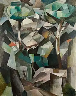 Albert Gleizes, 1911, Le Chemin, Paysage à Meudon (Paysage avec personnage), oil on canvas, 146.4&nbsp;cm ×&nbsp;114.4&nbsp;cm (57.6&nbsp;in ×&nbsp;45.0&nbsp;in). Stolen by Nazi occupiers from the home of collector Alphonse Kann during World War II, returned to its rightful owners in 1997.