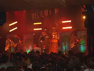 Relient K at House of Blues in Cleveland performing in May 2007; from left to right: Jon Schneck, Matt Hoopes, Matt Thiessen, Dave Douglas, and John Warne