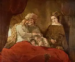 Jacob Blessing the Sons of Joseph by Rembrandt (Portrait of Petrus Scriverius, Wendela de Graeff and their sons) (Rembrandt, 1656)