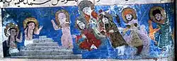 Resurrection of Warqah and Gulshāh by the Prophet. Behind him his four friends and future caliphs, and the king of Shām (Syria).[14]