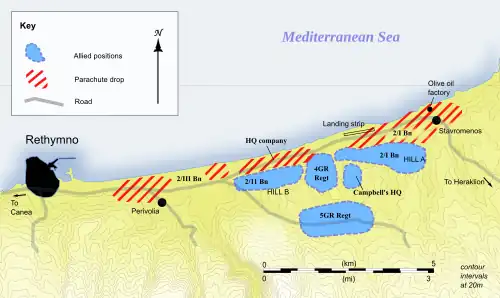 A colour map of Allied dispositions and German drop zones around Rethymno