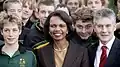 Former US Secretary of State Condoleezza Rice (centre) and Stephen Smith (right) with students from Wesley College during a visit to Kings Park State War Memorial in Perth