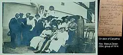 On-deck image of passengers on RMS&nbsp;Carpathia during a 1914 overseas tour led by Father Blasius Zeiser