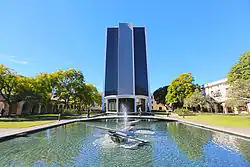 Millikan Library, the tallest building on campus.
