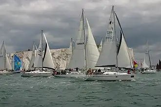 The 2009 race, with yachts seen racing off The Needles