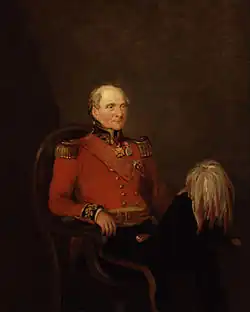 Painting shows a man in a red military coat with black trousers. He holds a bicorne hat with an elaborate plume.