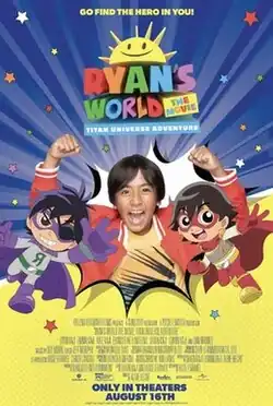 Ryan is posing with his arms as muscles. Other characters are seen in the foreground.