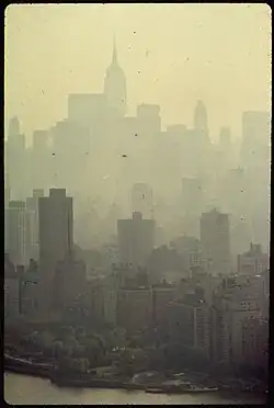 Image 24A 1973 photo of New York City skyscrapers in smog (from History of New York City (1946–1977))