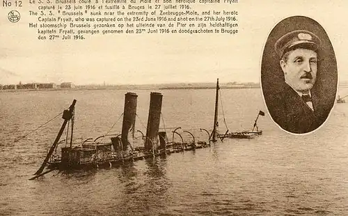 SS&nbsp;Brussels, torpedoed several times during the raid by the British and scuttled by the Germans in October 1918[44]